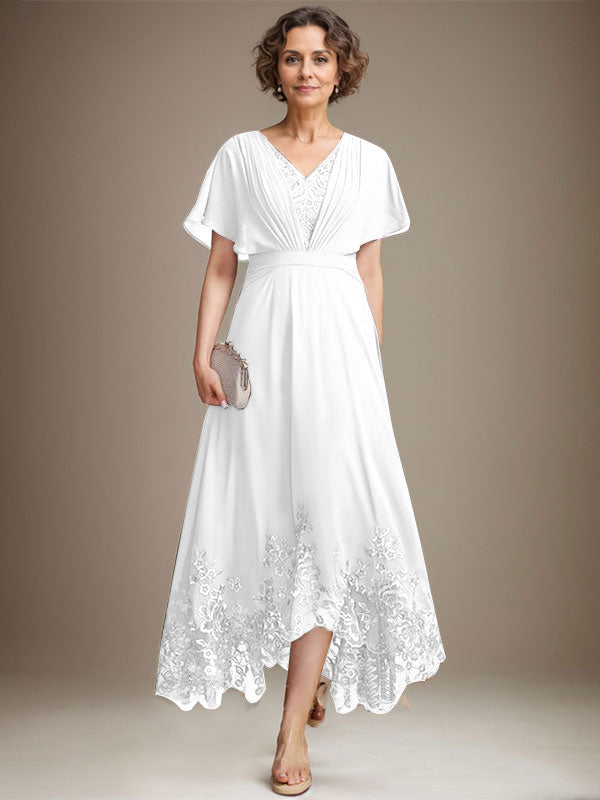 A-Line V-Neck Asymmetrical Lace Chiffon Mother of the Bride Dress with Pleats