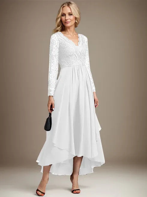 A-Line V-Neck Asymmetrical Lace Chiffon Mother of the Bride Dress