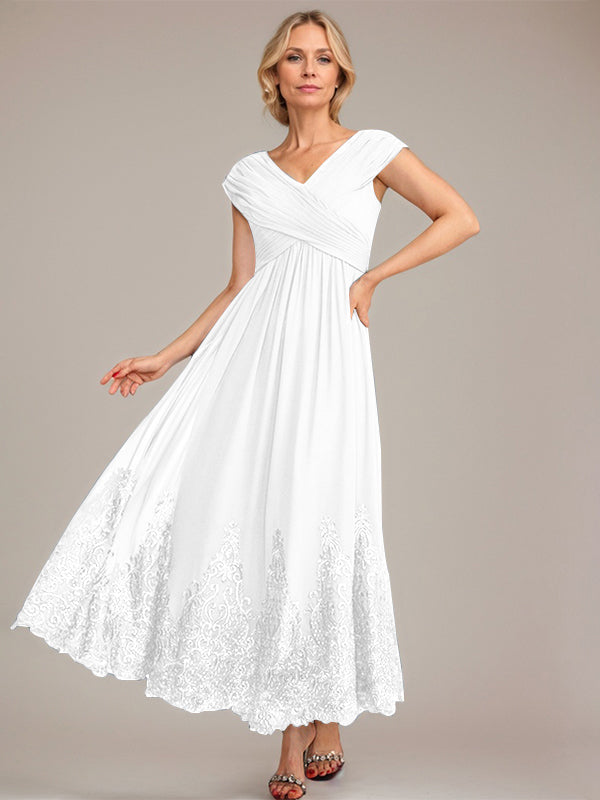 A-Line V-Neck Chiffon Mother of the Bride Dress with Appliqué and Sequins, Ankle-Length