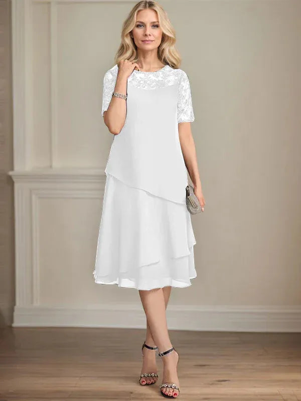 A-Line Scoop Neck Illusion Knee-Length Lace Chiffon Mother of the Bride Dress with Sequins