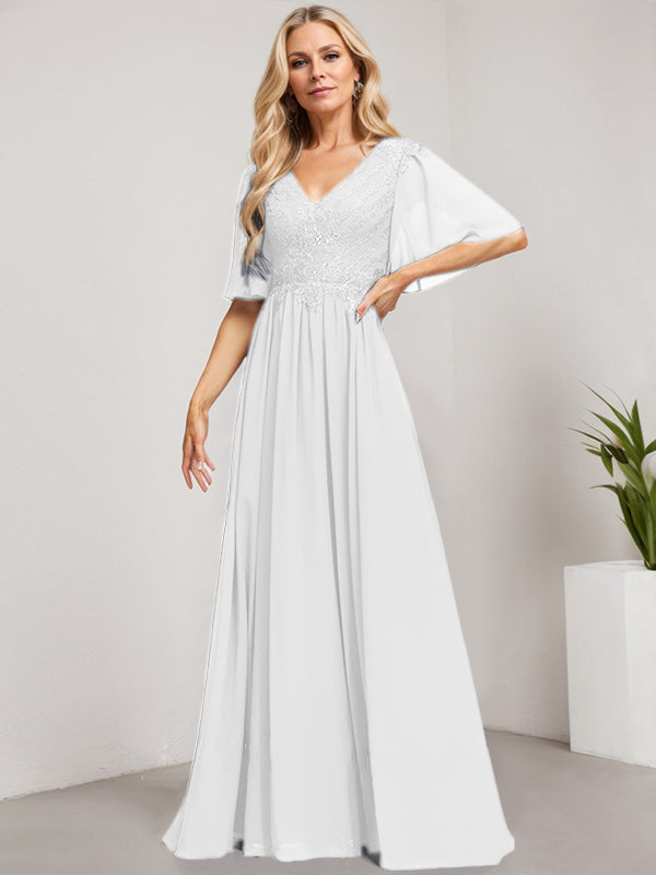 A-Line V-Neck Floor-Length Lace Chiffon Mother of the Bride Dress with Sequins