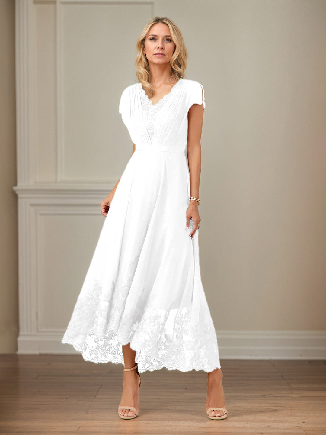 A-Line V-Neck Flutter Sleeve Chiffon Dress with Appliques and Ankle Length