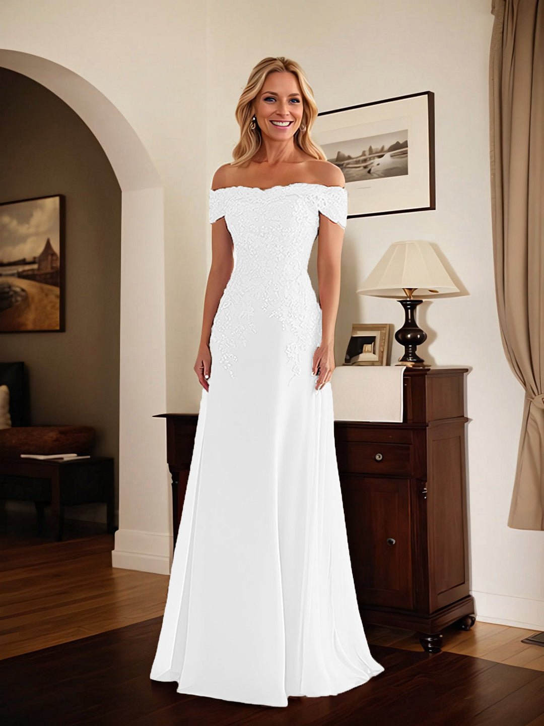 Elegant Taupe Off-the-Shoulder Lace Sheath Dress for Mother of the Bride