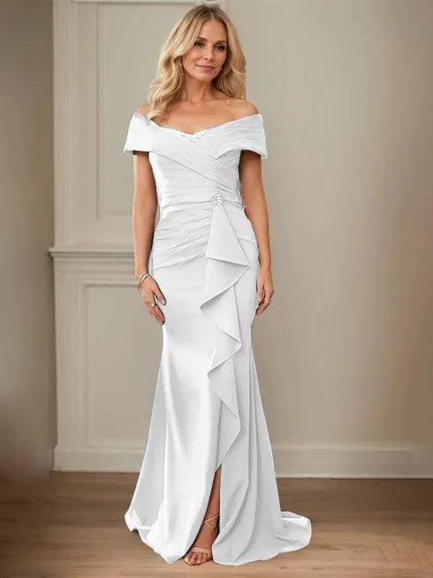 Floor-Length Lace and Chiffon Mother of the Bride Dress with Sheath/Column V-Neck Illusion and Pleated Sequins