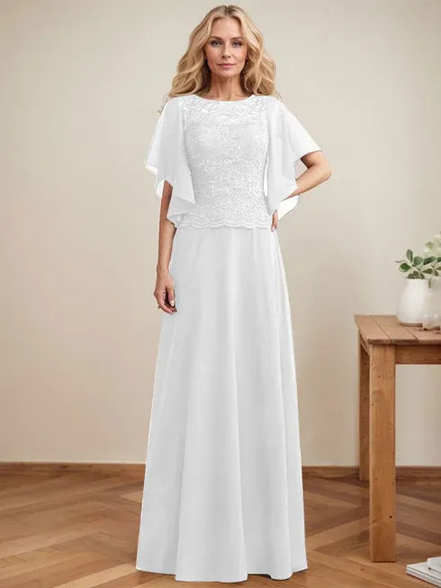 A-Line Scoop Neck Illusion Floor-Length Lace Chiffon Mother of the Bride Dress with Sequins