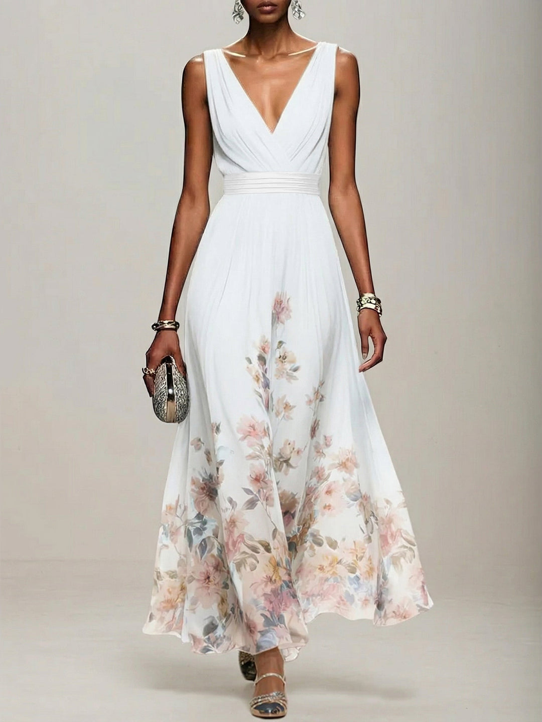 Light Blue Floral Chiffon V-Neck Sleeveless A-Line Maxi Dress