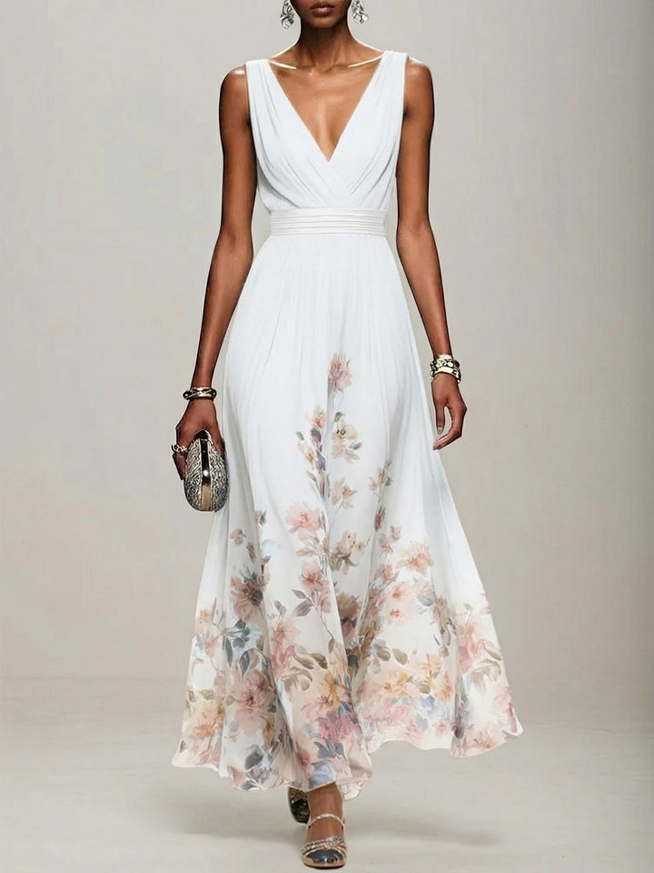 Light Blue Floral Chiffon V-Neck Sleeveless A-Line Maxi Dress