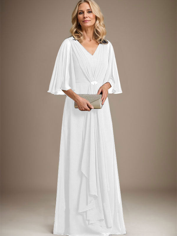 A-Line V-Neck Floor-Length Chiffon Mother of the Bride Dress with Cascading Ruffles and Crystal Brooch
