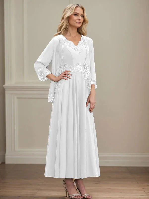 A-Line V-Neck Chiffon Mother of the Bride Dress with Sequins, Appliques, Lace, and Beading at Ankle Length