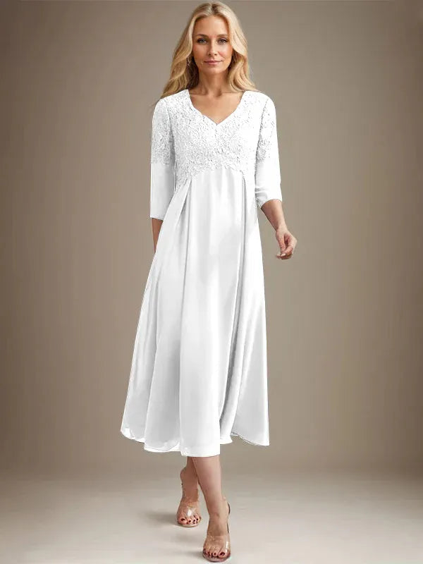 A-Line V-Neck Tea-Length Chiffon Lace Mother of the Bride Dress with Beading