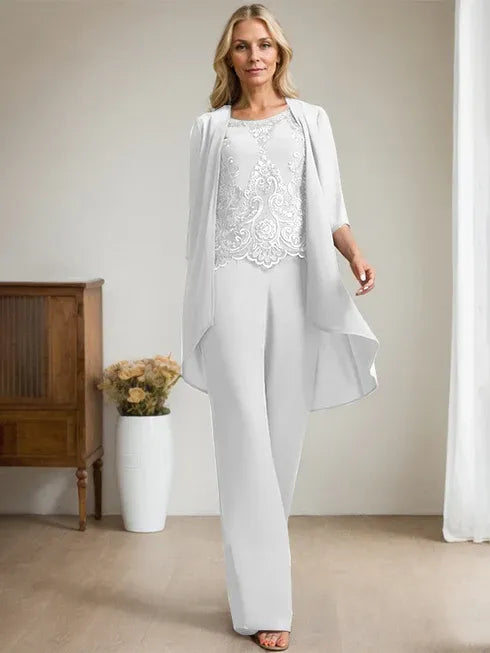 Floor-Length Chiffon Lace Mother of the Bride Jumpsuit/Pantsuit with Scoop Neck, Beading, and Sequins