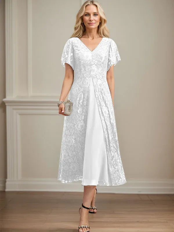 A-Line V-Neck Tea-Length Lace Chiffon Mother of the Bride Dress