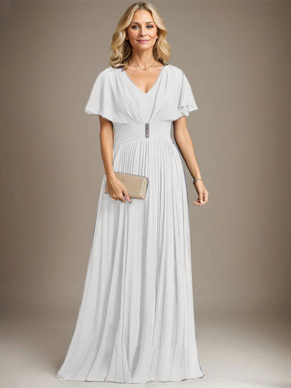 A-Line V-Neck Floor-Length Chiffon Mother of the Bride Dress with Crystal Brooch and Pleated Design