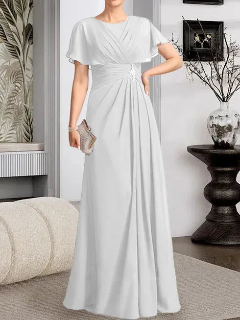 A-Line Scoop Neck Floor-Length Chiffon Mother of the Bride Dress with Pleated Beading