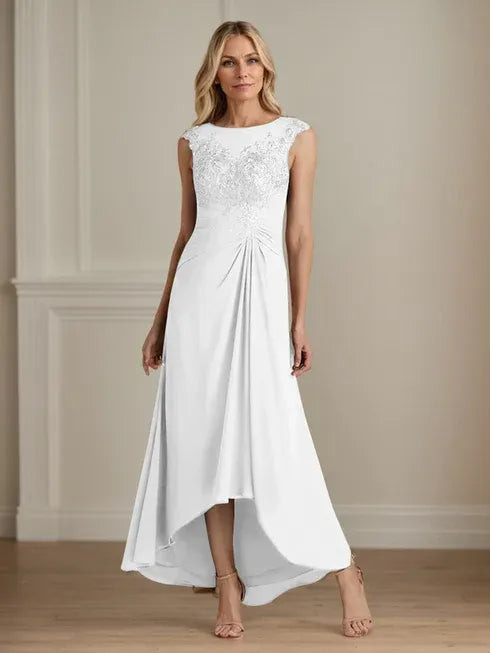 Champagne A-Line Lace and Chiffon Scoop Neck Dress