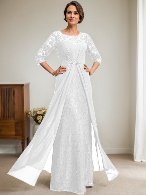 A-Line Scoop Neck Illusion Floor-Length Lace Chiffon Mother of the Bride Dress with Beaded Ruffles