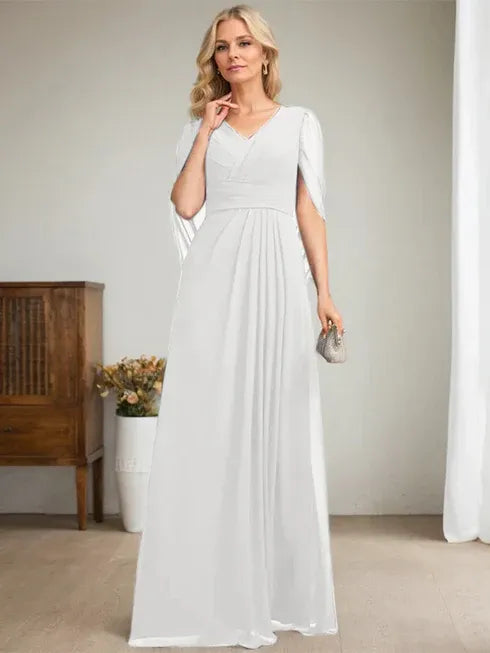 Dark Navy A-Line V-Neck Long Mother of the Bride Dress