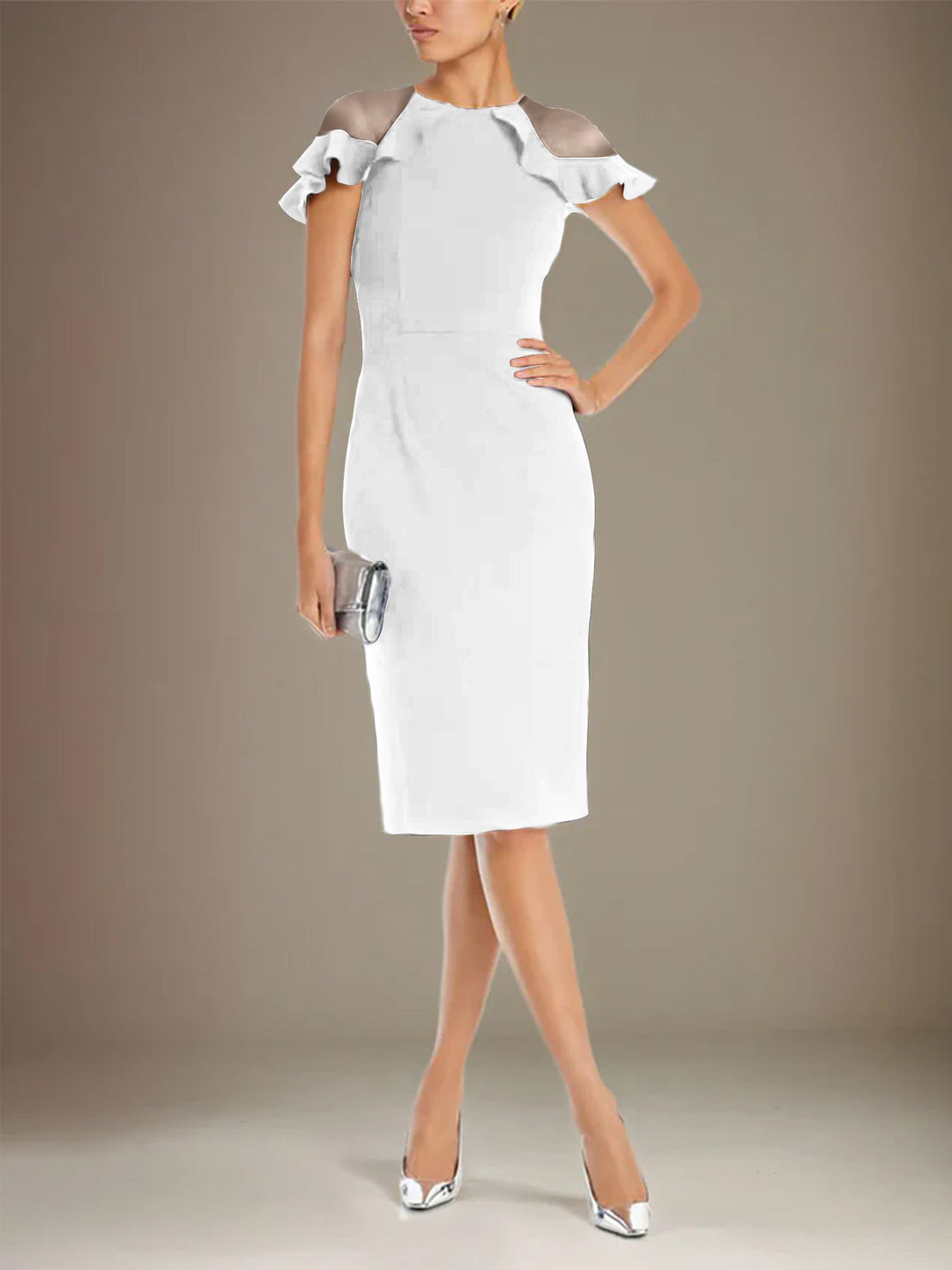 Sheath Dress with Column Stretch Crepe, Scoop Neck, Short Sleeves, Knee Length