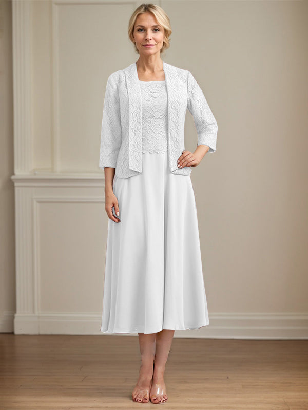 A-Line Scoop Neck Tea-Length Lace Chiffon Mother of the Bride Dress