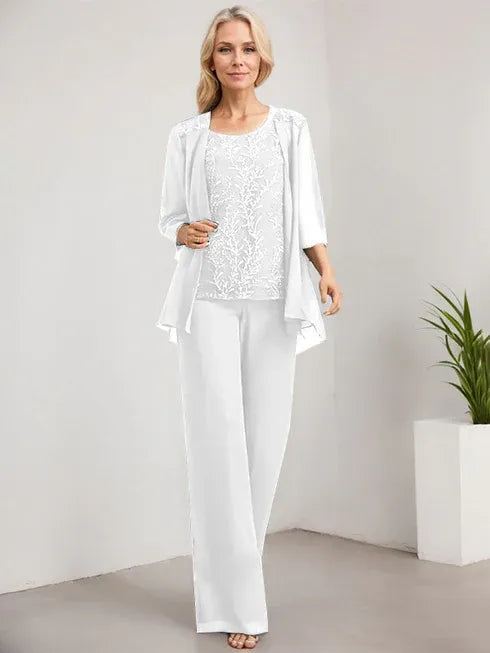 Floor-Length Lace Chiffon Mother of the Bride Jumpsuit/Pantsuit with Scoop Neck and Sequins
