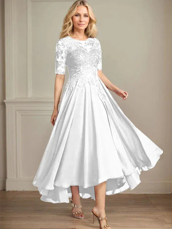 A-Line Scoop Neck Illusion Asymmetrical Chiffon and Lace Mother of the Bride Dress with Sequins