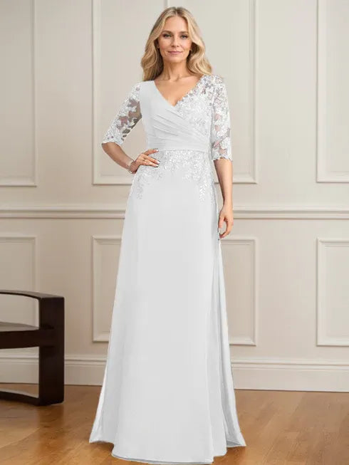 A-Line V-Neck Floor-Length Lace and Chiffon Mother of the Bride Dress with Pleated Sequins
