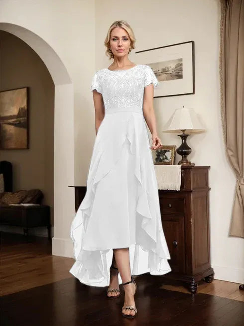A-Line Scoop Neck Illusion Asymmetrical Chiffon Lace Mother of the Bride Dress with Bow, Ruffle, and Sequins