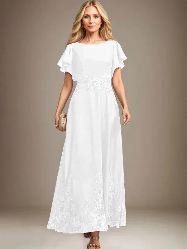 A-Line Scoop Neck Ankle-Length Lace and Chiffon Mother of the Bride Dress with Sequins