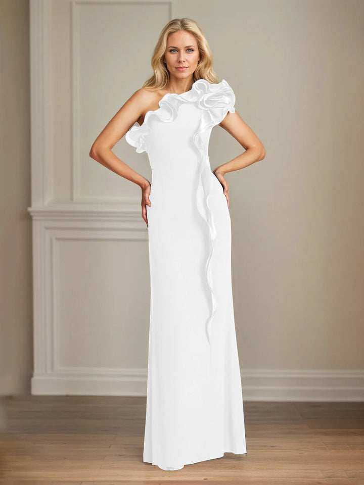 Navy Stretch Crepe One-Shoulder Sheath Dress with Ruffles – Floor-Length Mother of the Bride Gown
