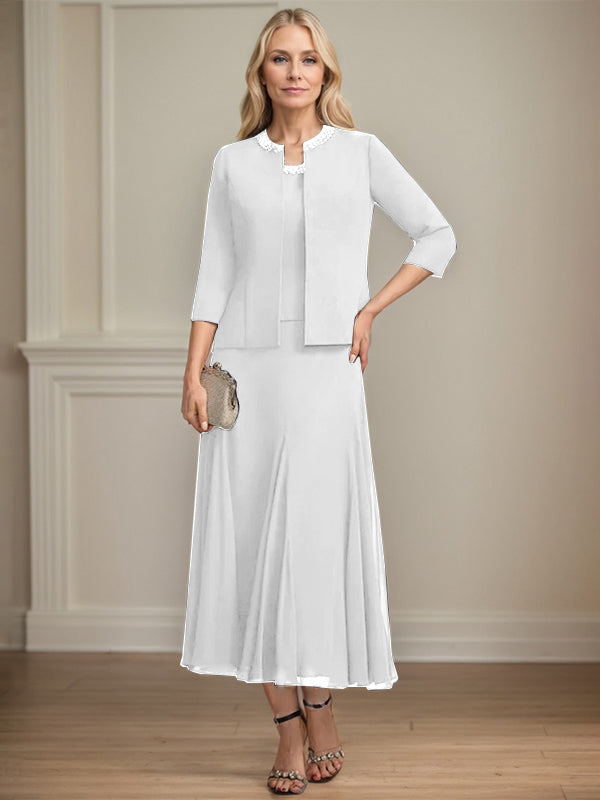 A-line Scoop Tea-Length Chiffon Mother of the Bride Dress with Sequins and Beading Separates