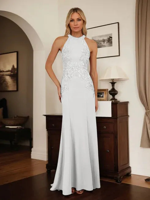 Dusty Blue Sheath Halter Mother of the Bride Dress with Appliqué Details
