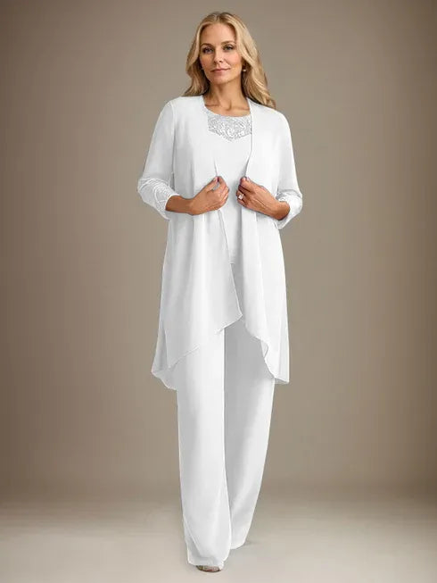 Chiffon Scoop Neck Long Sleeve Mother of the Bride Pantsuit with Jacket