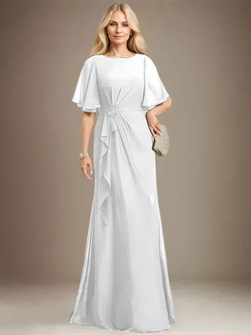 A-Line Scoop Floor-Length Chiffon Mother of the Bride Dress with Cascading Ruffles, Beading, and Sequins
