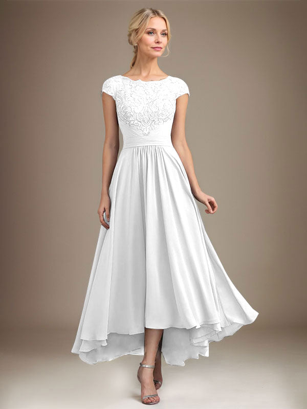 A-Line Scoop Neck Illusion Asymmetrical Lace Chiffon Mother of the Bride Dress with Pleats
