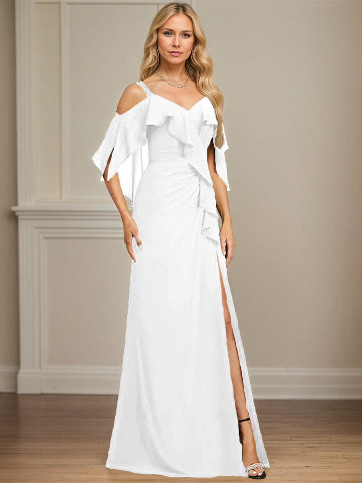 Sheath/Column Cold Shoulder V-Neck Floor-Length Chiffon Dress with Cascading Ruffles, Sequins, and Beading