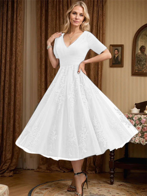 A-Line V-Neck Tea-Length Tulle Lace Mother of the Bride Dress with Pleats