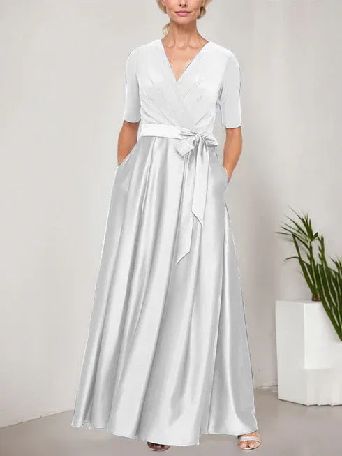 Surplice Neckline Ballgown with Full Satin Skirt and Jersey Bodice