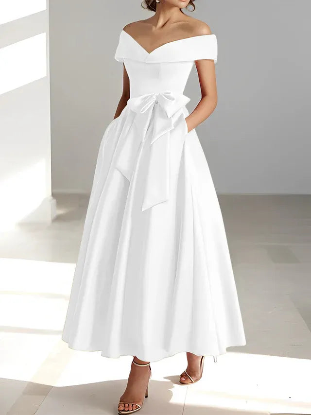 A-Line Off-the-Shoulder Sleeveless Ankle-Length Mother of the Bride Dress with Pockets
