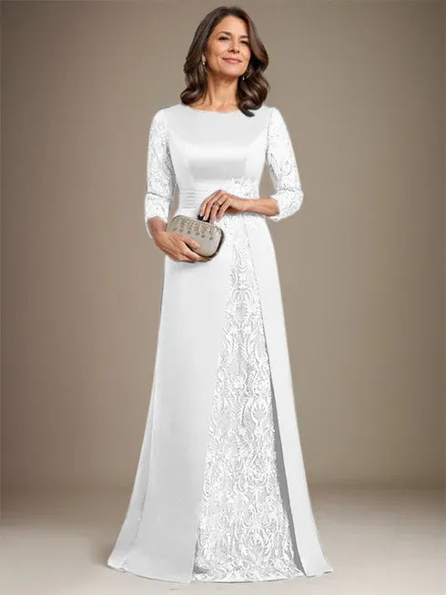 Floor-Length A-Line Lace Satin Mother of the Bride Dress with Scoop Neck and Applique