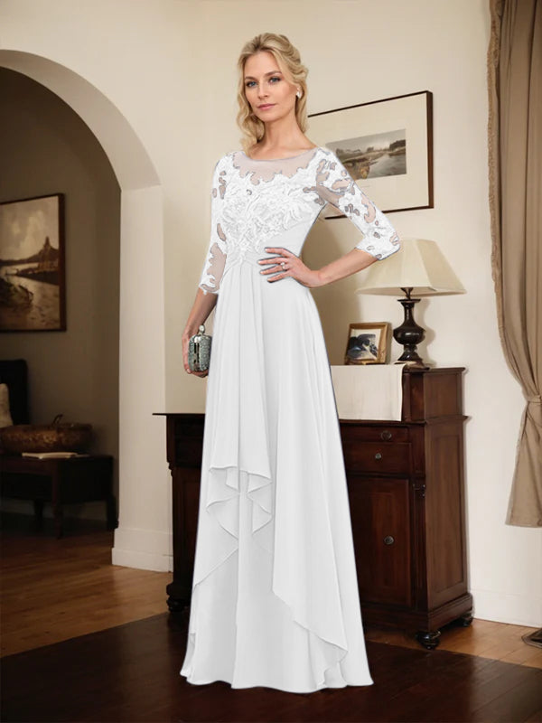 A-Line Scoop Neck Illusion Floor-Length Lace Chiffon Mother of the Bride Dress with Cascading Ruffles