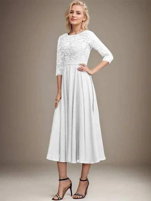 A-Line Scoop Neck Tea-Length Lace Chiffon Mother of the Bride Dress with Sequins