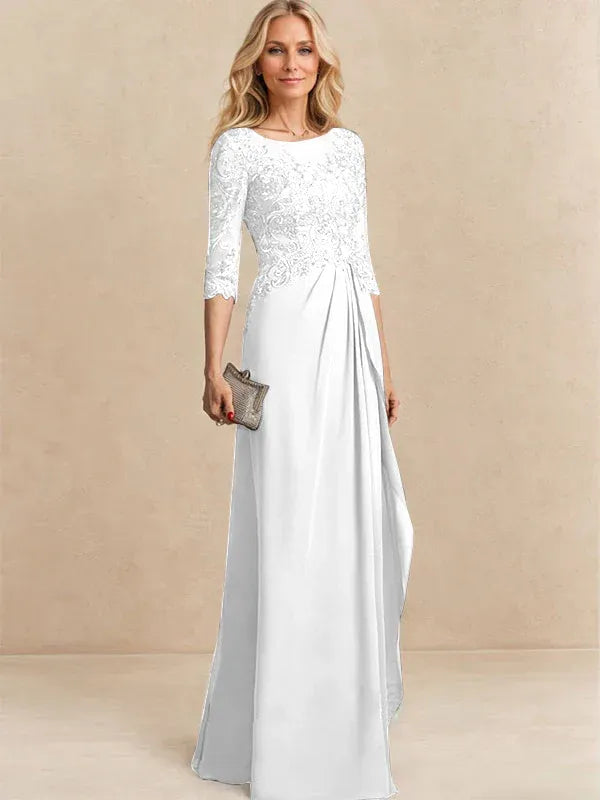 A-Line Scoop Illusion Floor-Length Chiffon and Lace Mother of the Bride Dress with Beading, Sequins, and Cascading Ruffles
