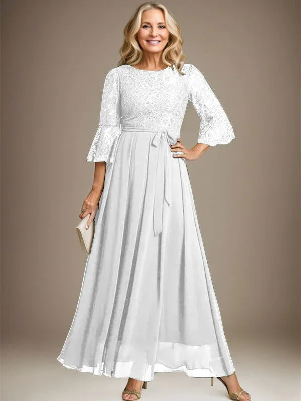 A-Line Scoop Neck Ankle-Length Lace Chiffon Mother of the Bride Dress with Bow