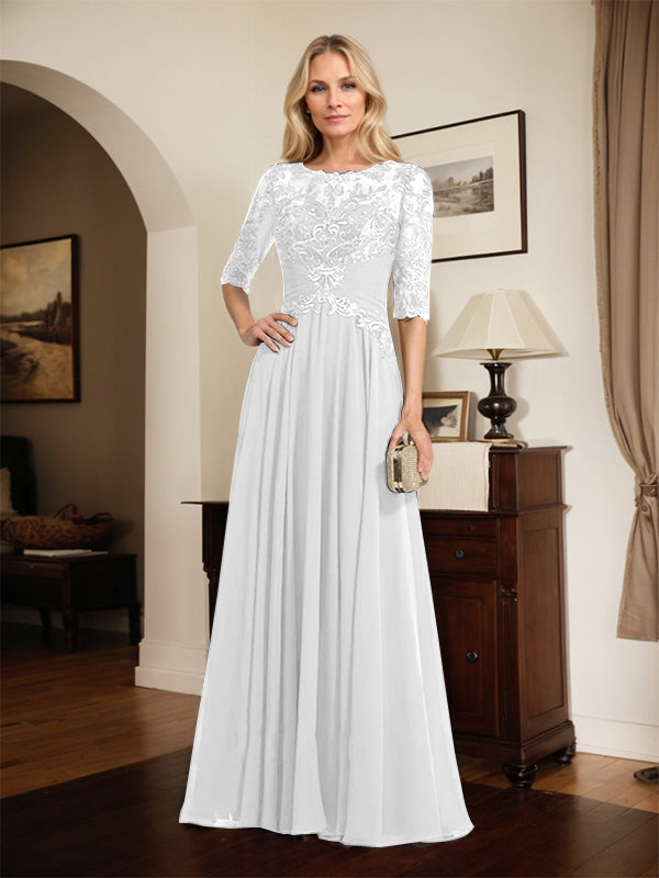 A-Line Scoop Neck Illusion Floor-Length Chiffon and Lace Mother of the Bride Dress with Pleated Sequins