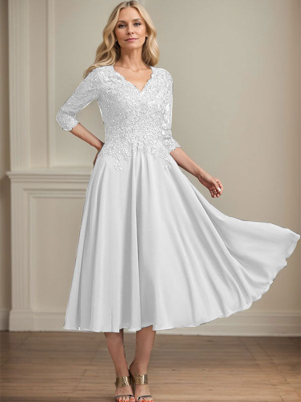 A-Line V-Neck Tea-Length Chiffon and Lace Mother of the Bride Dress with Beading and Sequins