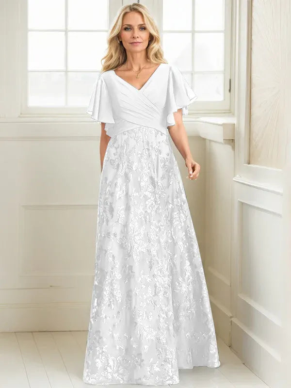 A-Line V-Neck Floor-Length Lace and Sequin Chiffon Mother of the Bride Dress with Pleats