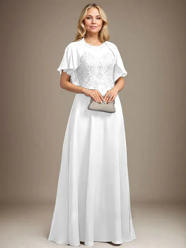 A-Line Scoop Neck Illusion Floor-Length Lace Chiffon Mother of the Bride Dress with Sequins