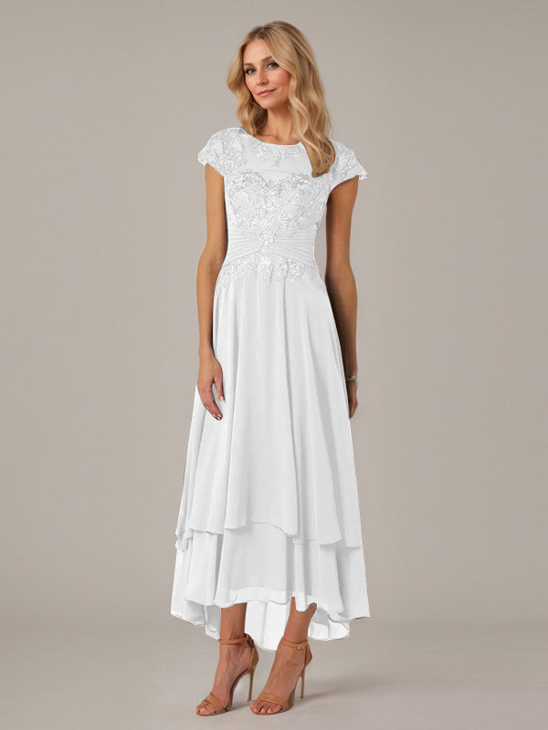 A-Line Boat Neck Illusion Asymmetrical Chiffon Lace Mother of the Bride Dress with Applique and Pleats