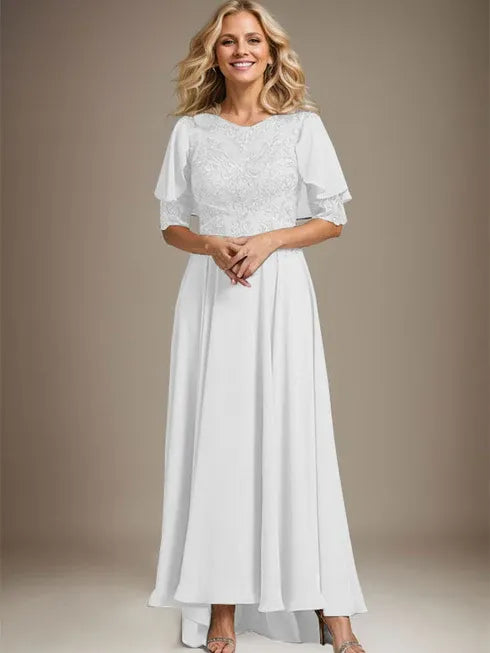 A-Line Scoop Neck Illusion Asymmetrical Chiffon and Lace Mother of the Bride Dress with Beading