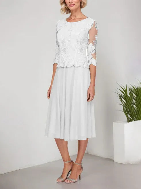 A-Line Scoop Neck Tea-Length Lace Chiffon Mother of the Bride Dress with Embroidery